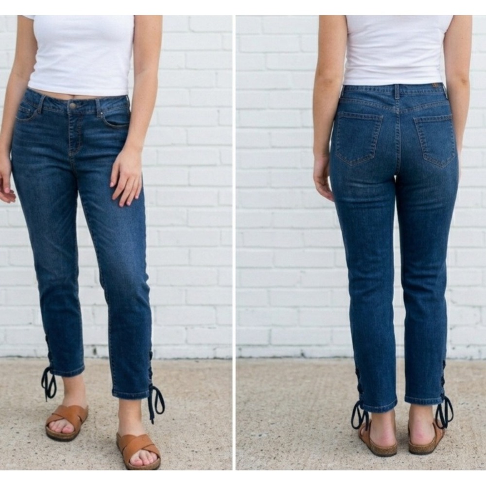 Signature Studio Lace-Up Hem Jeans Size 12 Blue Mid Rise Stretch Denim Boho
